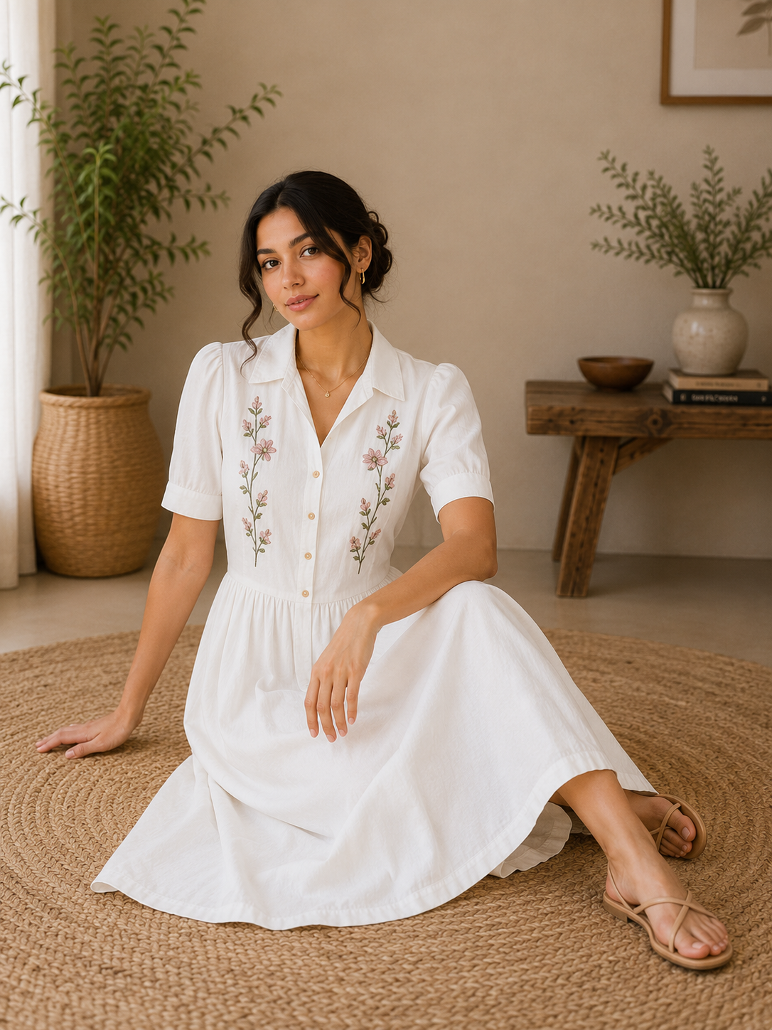 Classic Collar Embroidered Cotton Midi Dress – Off White