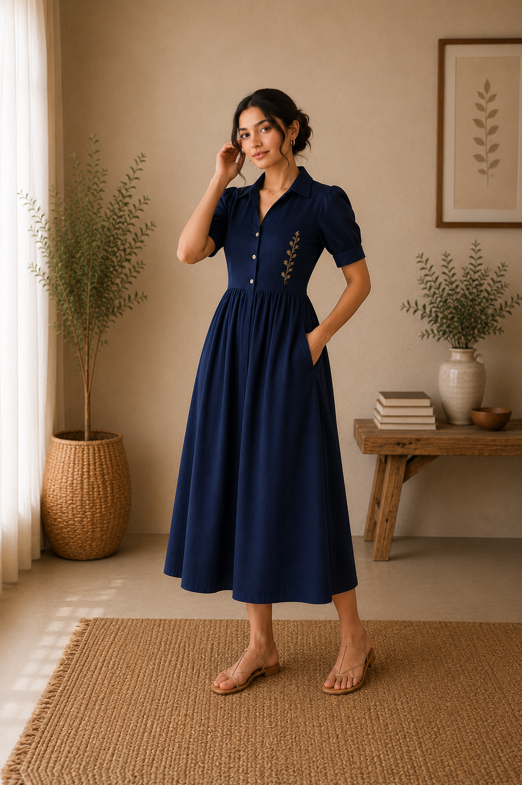Classic Collar Embroidered Cotton Midi Dress – Navy Blue