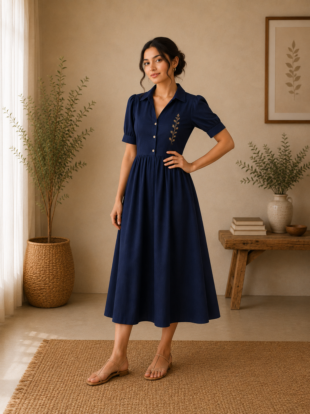 Classic Collar Embroidered Cotton Midi Dress – Navy Blue