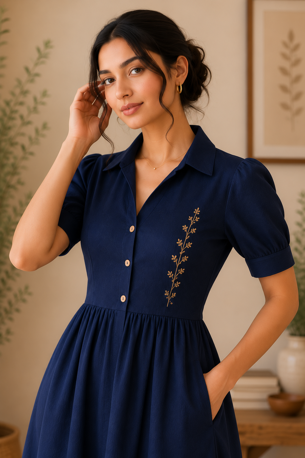 Classic Collar Embroidered Cotton Midi Dress – Navy Blue