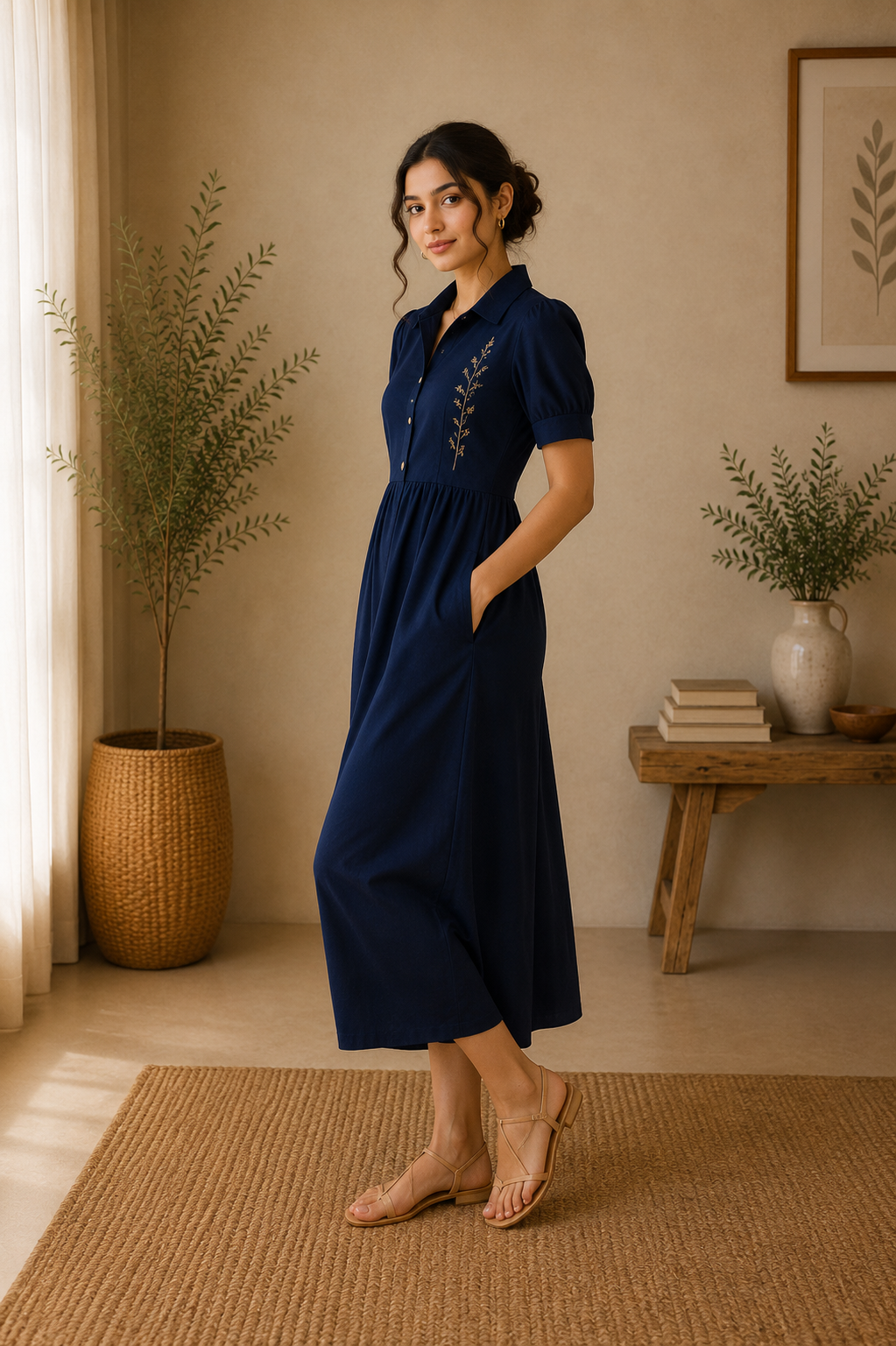 Classic Collar Embroidered Cotton Midi Dress – Navy Blue