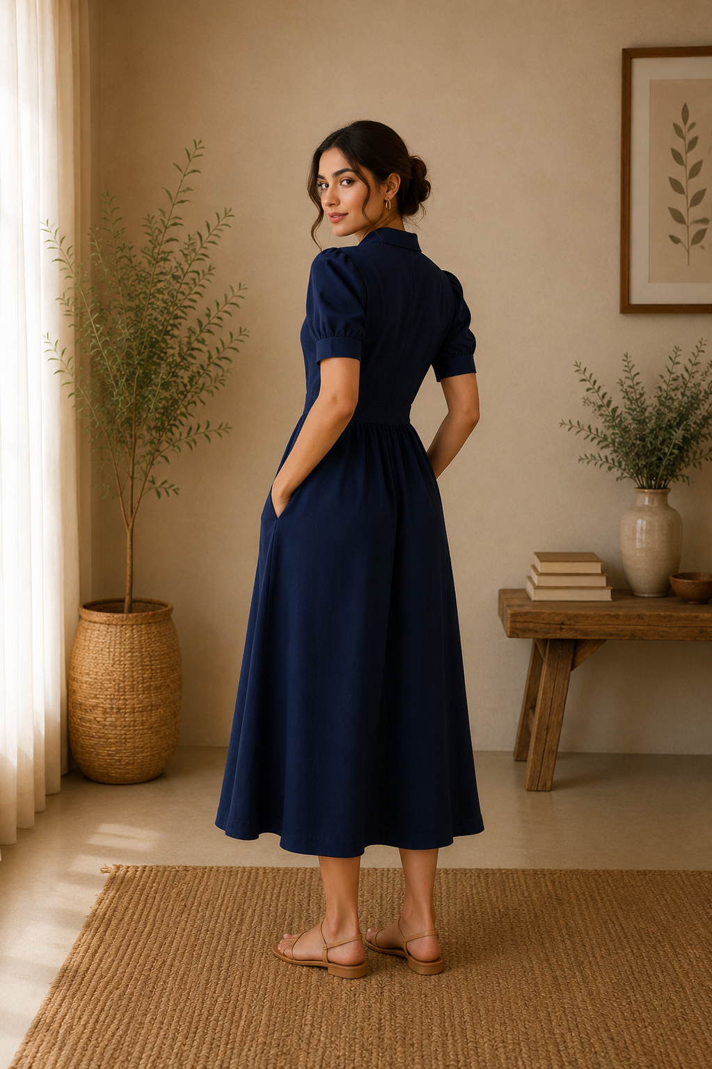 Classic Collar Embroidered Cotton Midi Dress – Navy Blue