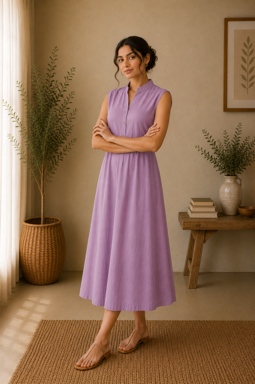 Sleeveless Cotton A-Line Midi Dress – Lavender Mist