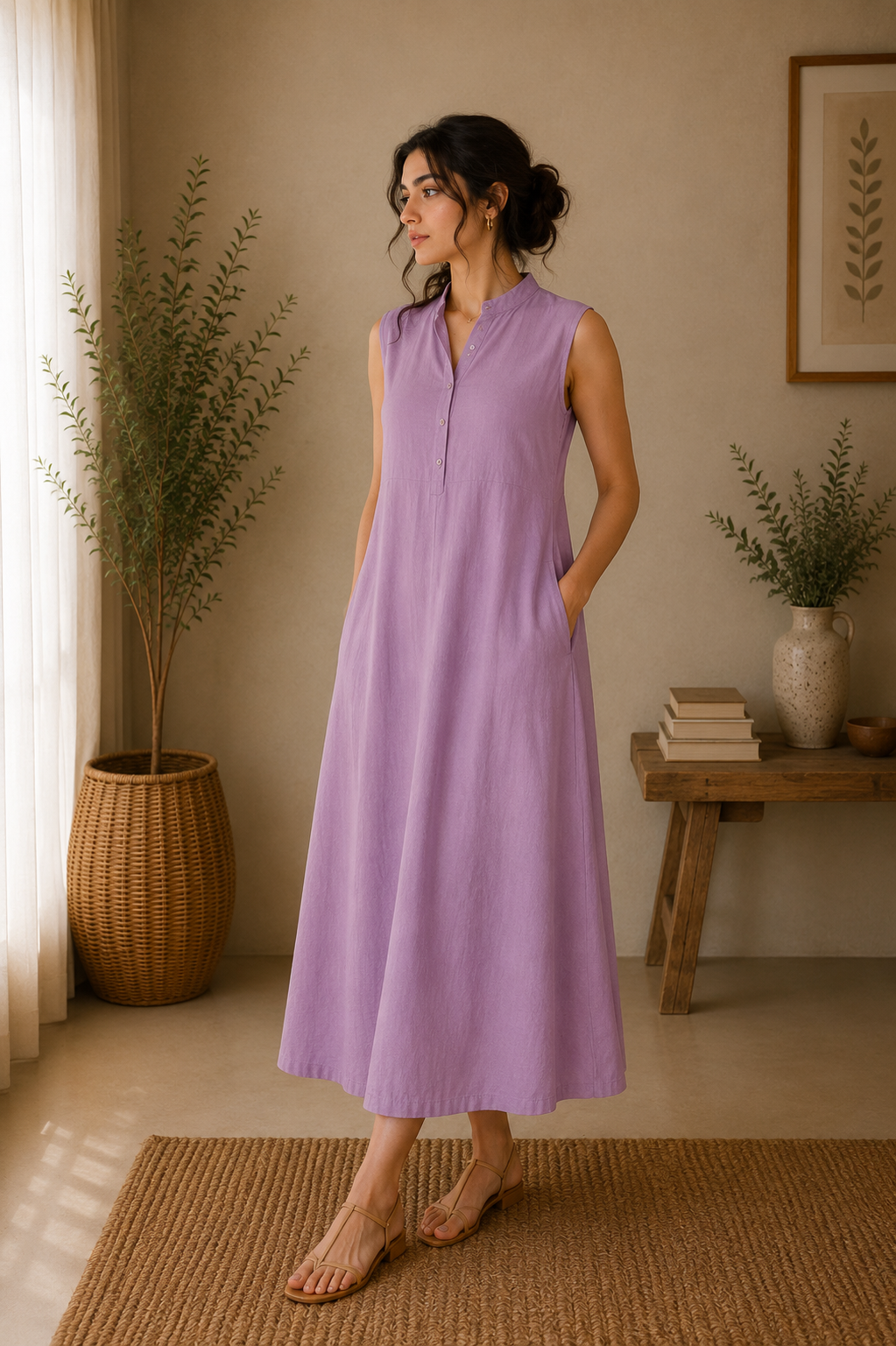 Sleeveless Cotton A-Line Midi Dress – Lavender Mist