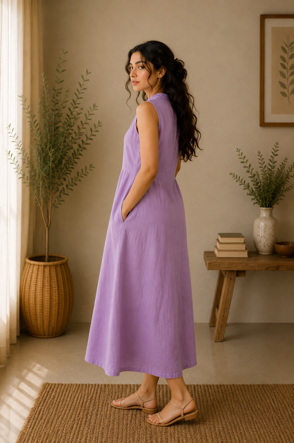 Sleeveless Cotton A-Line Midi Dress – Lavender Mist