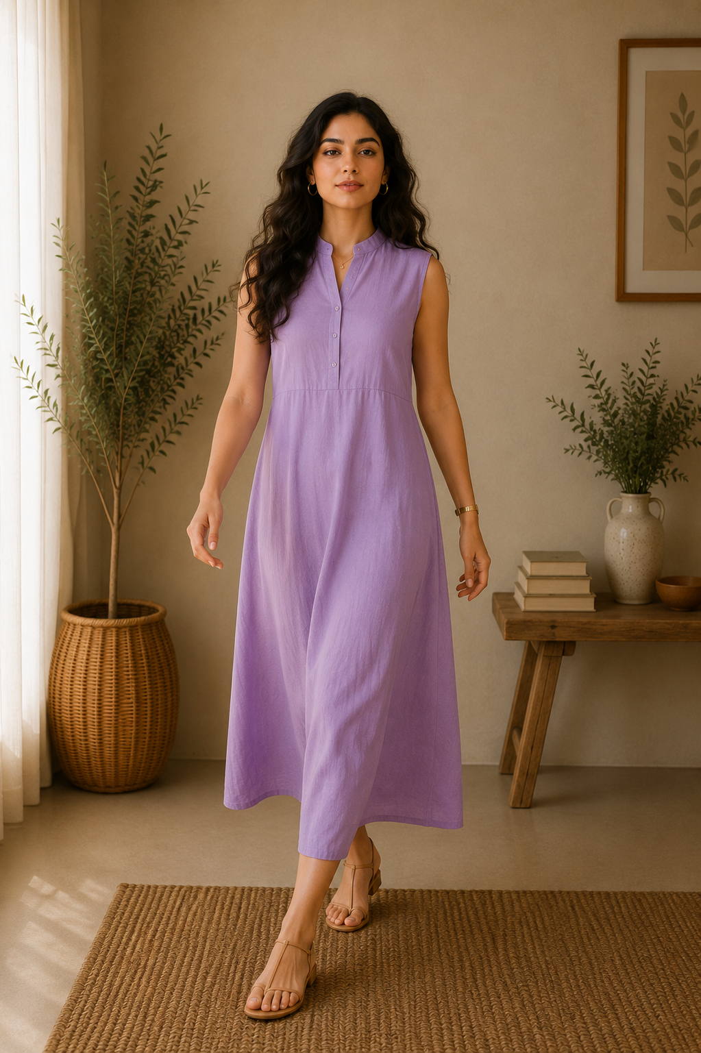Sleeveless Cotton A-Line Midi Dress – Lavender Mist