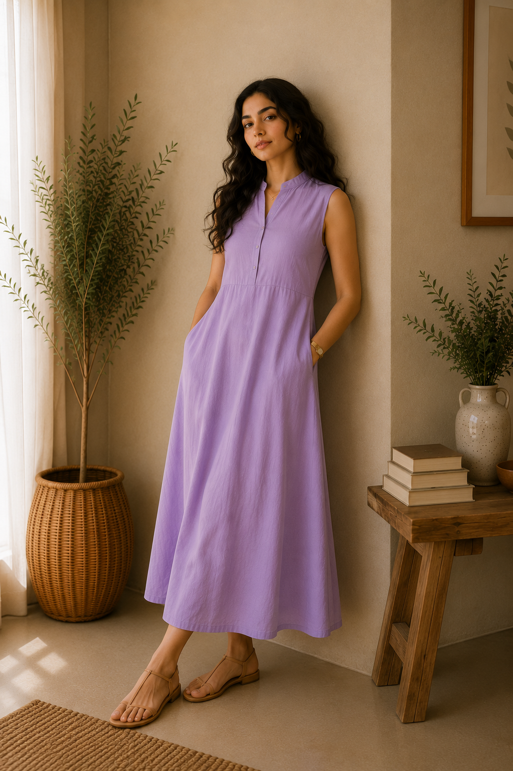 Sleeveless Cotton A-Line Midi Dress – Lavender Mist