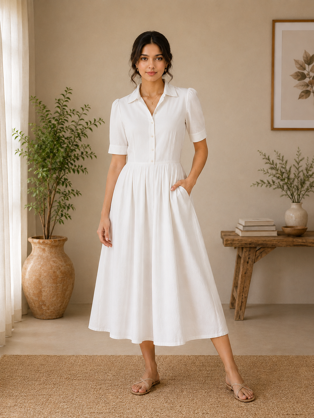 Classic Collar Cotton Midi Dress – Pure White