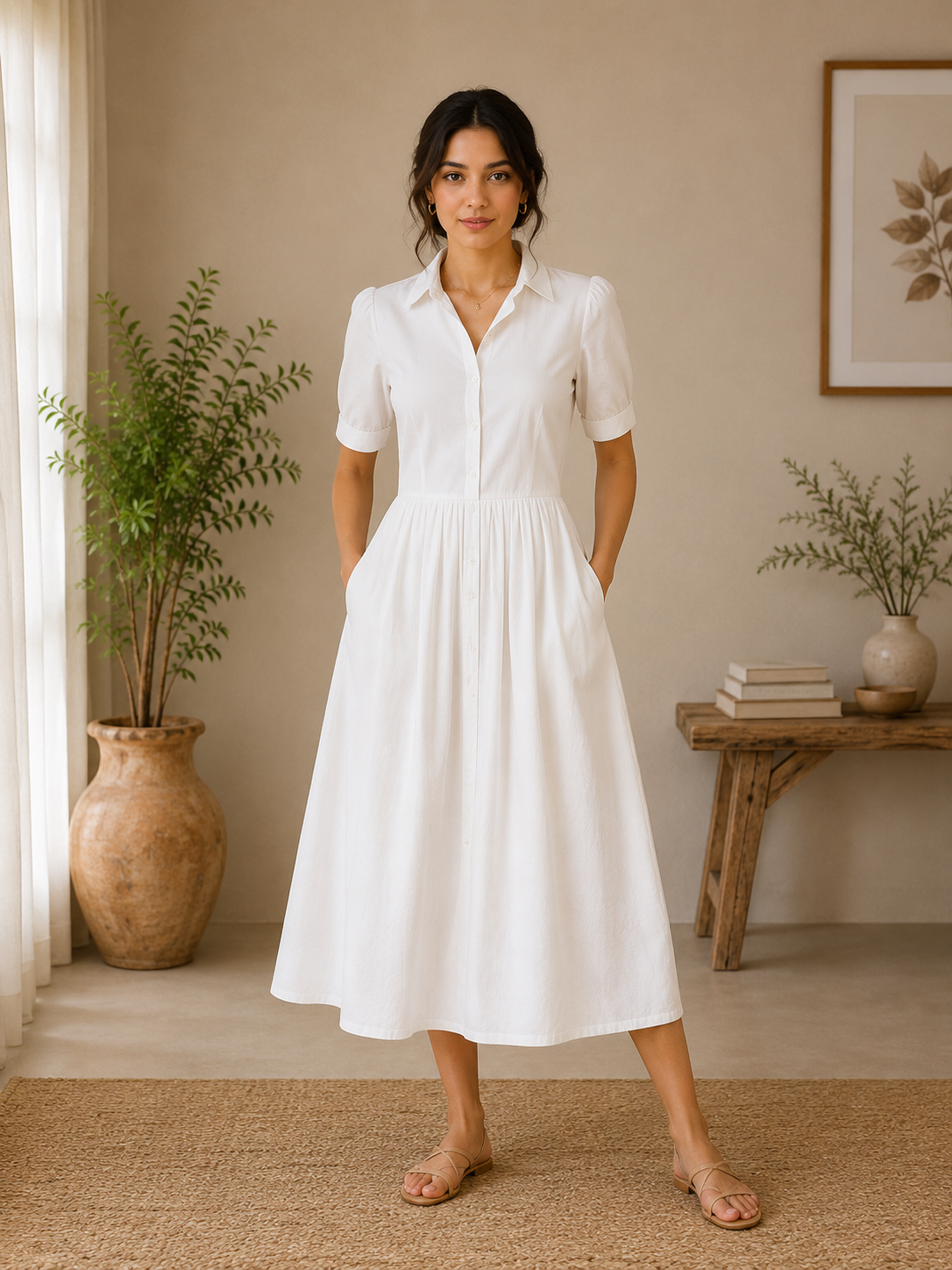 Classic Collar Cotton Midi Dress – Pure White