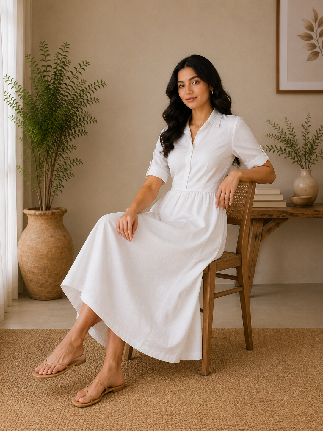 Classic Collar Cotton Midi Dress – Pure White