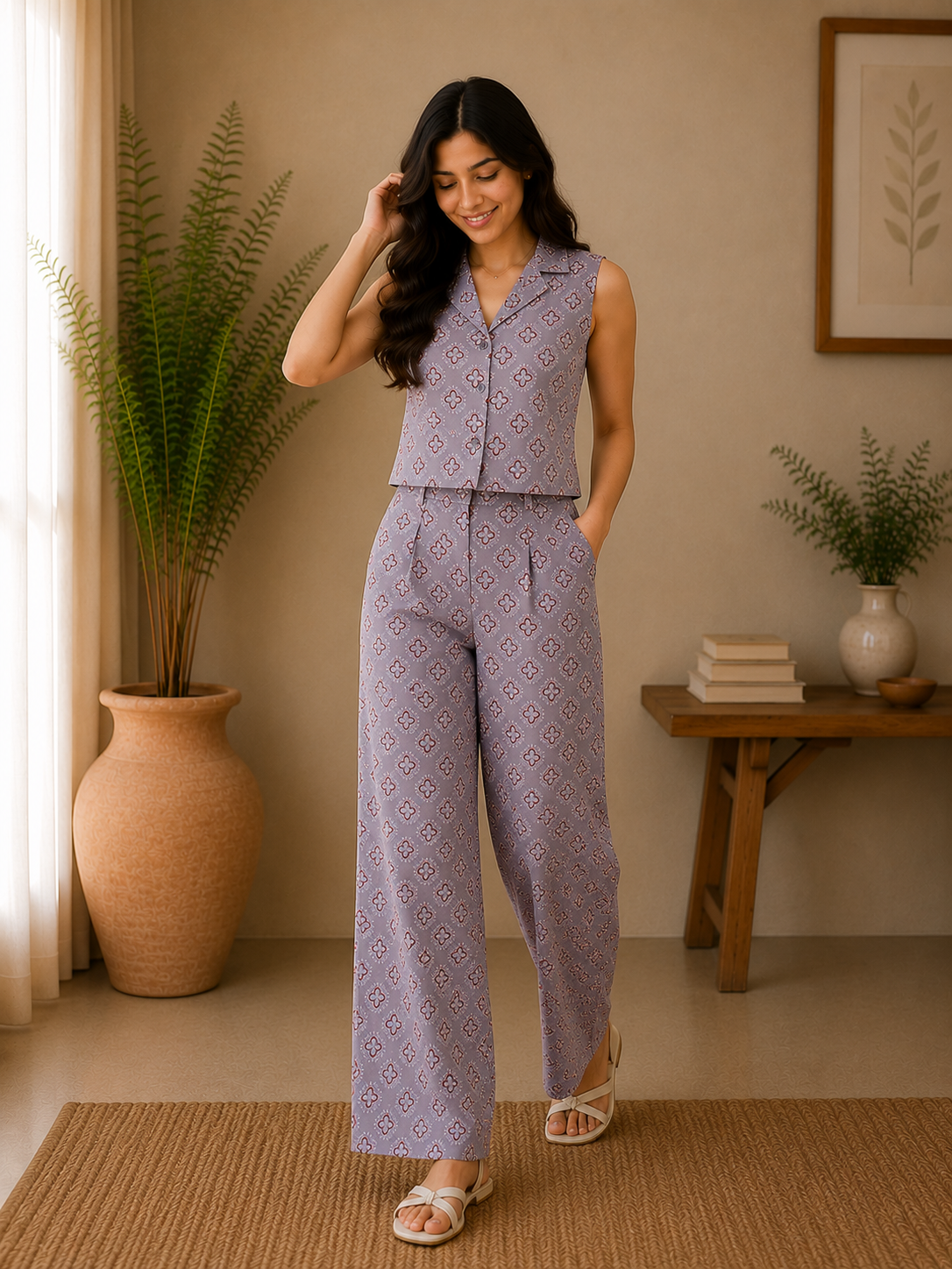 Classic Collar Handblock Print Cotton Co-Ord Set – Dusty Lilac