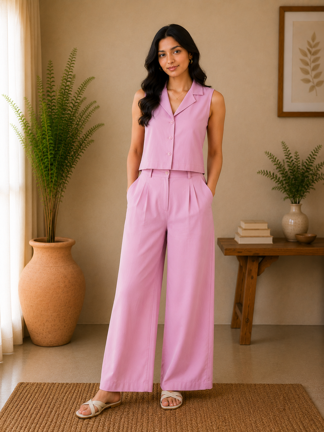 Classic Collar Cotton Co-Ord Set – Baby Pink