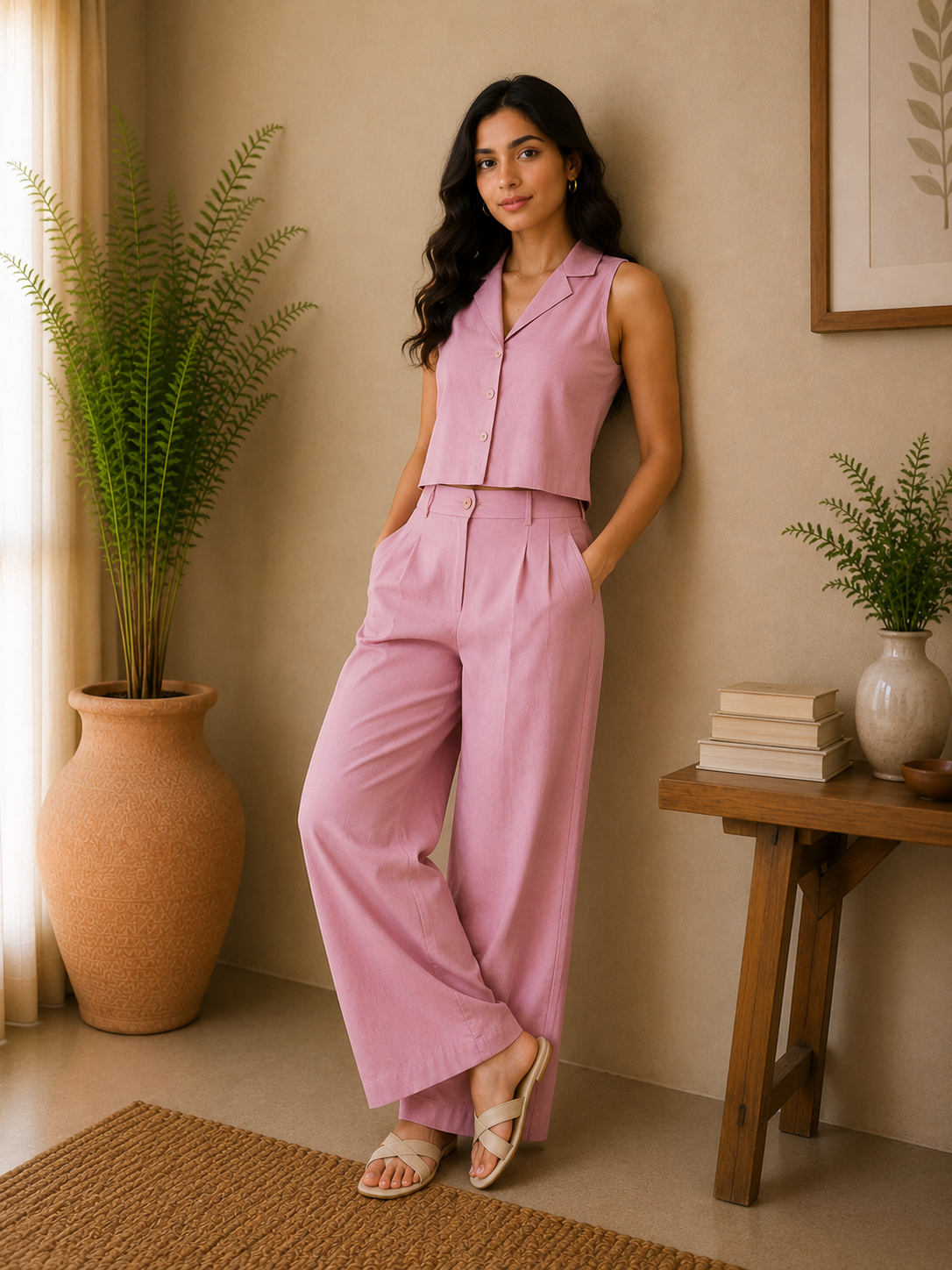 Classic Collar Cotton Co-Ord Set – Baby Pink