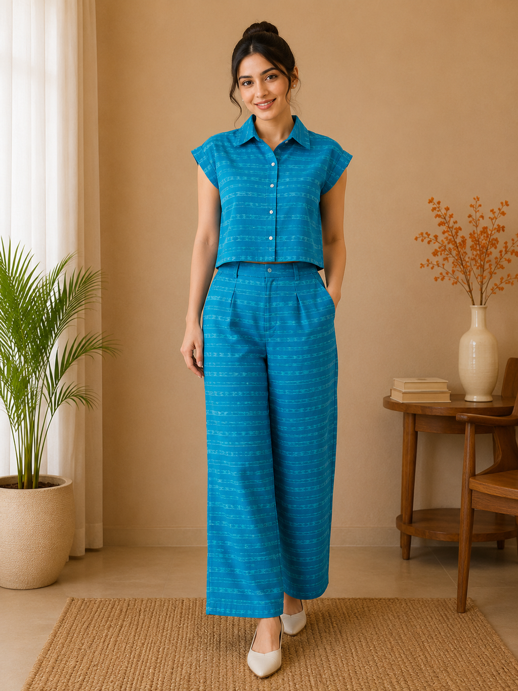 Classic Collar Textured Cotton Co-Ord Set – Turquoise Blue