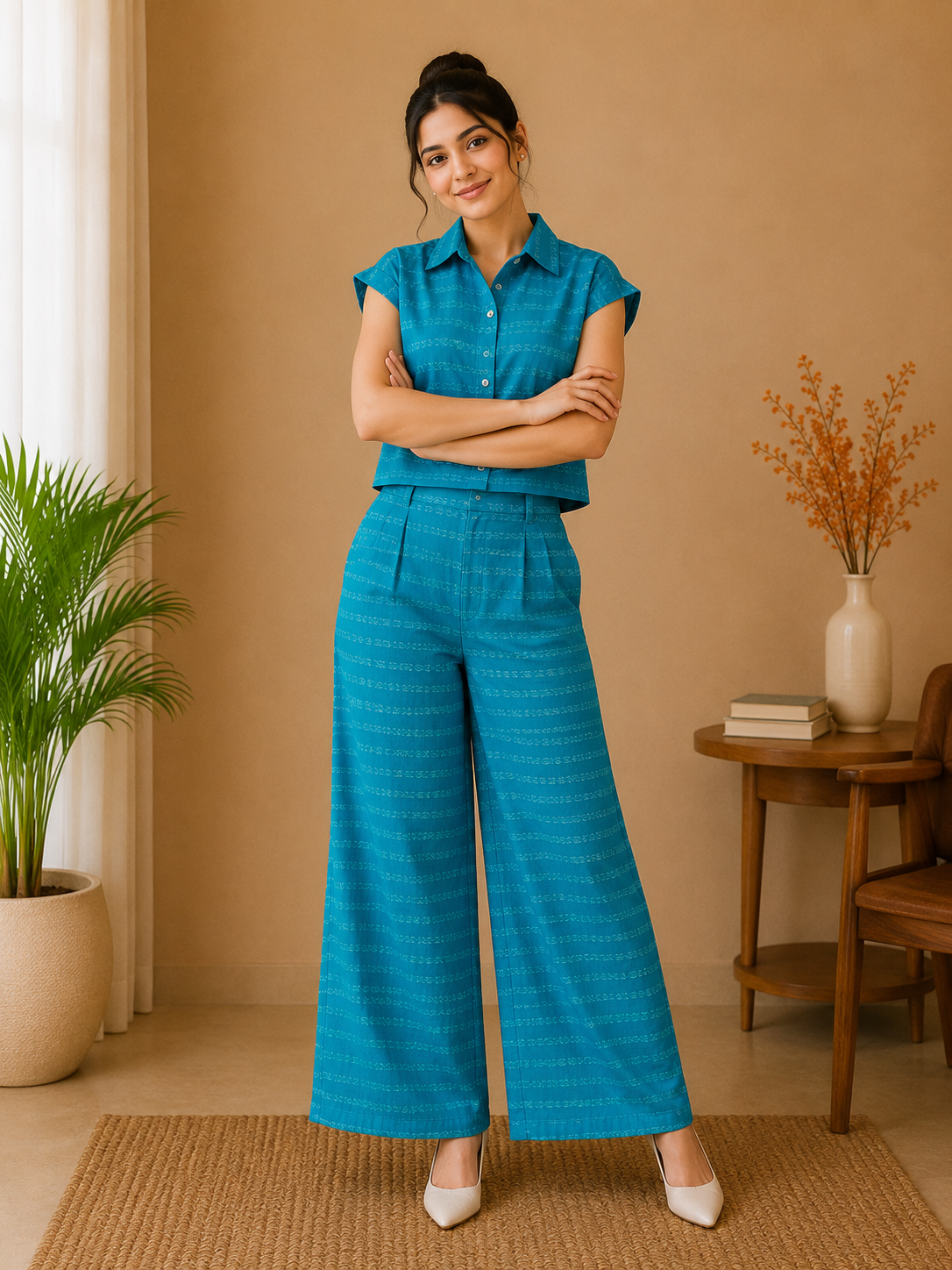 Classic Collar Textured Cotton Co-Ord Set – Turquoise Blue