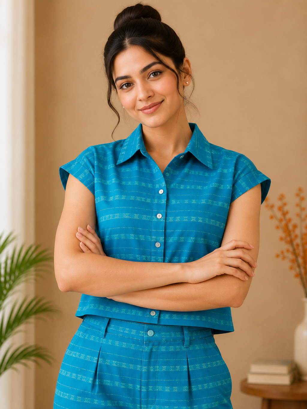 Classic Collar Textured Cotton Co-Ord Set – Turquoise Blue