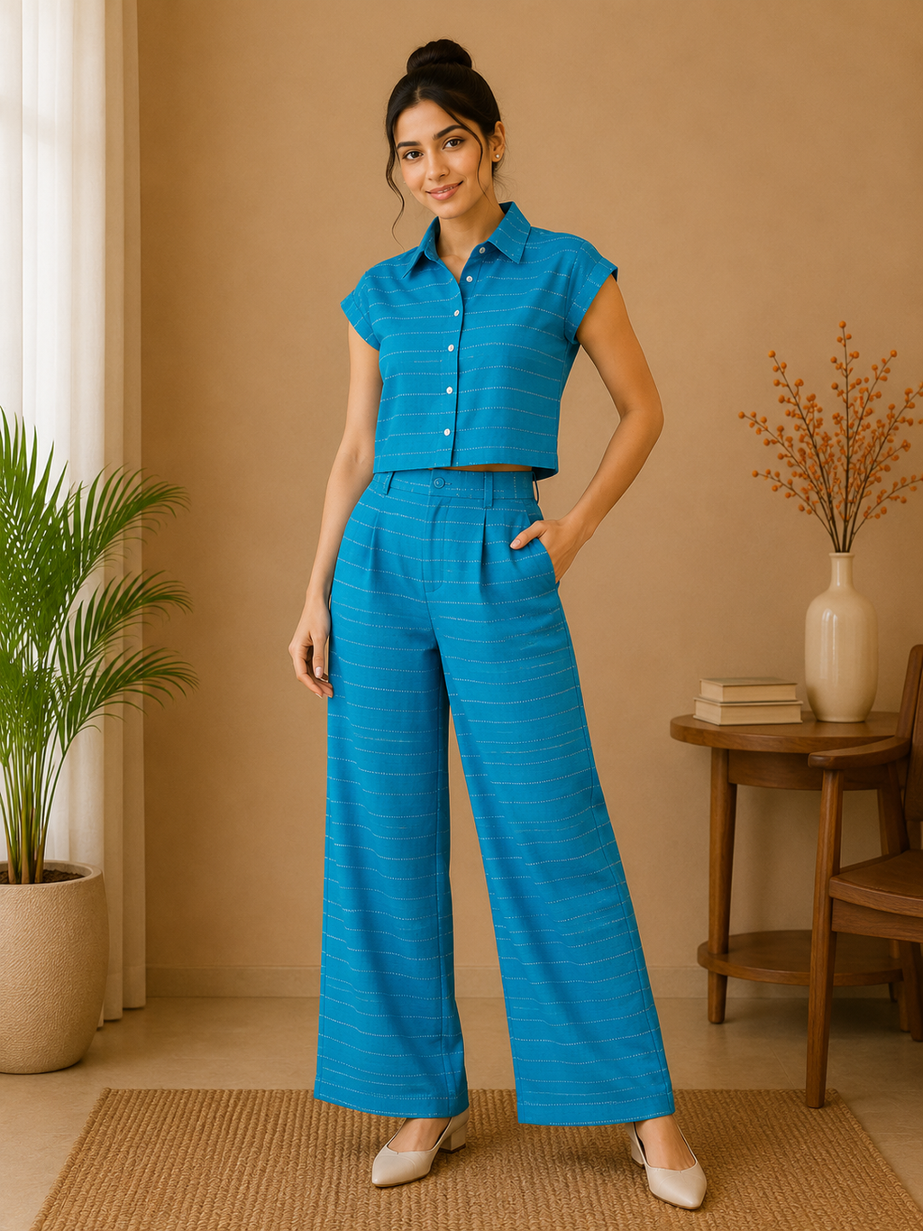Classic Collar Textured Cotton Co-Ord Set – Turquoise Blue