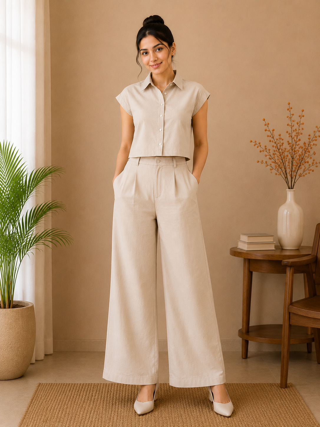 Classic Collar Cotton Co-Ord Set – Soft Sand