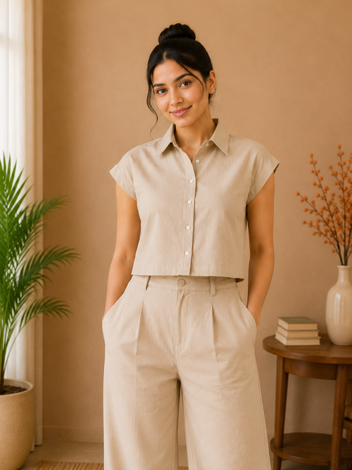 Classic Collar Cotton Co-Ord Set – Soft Sand