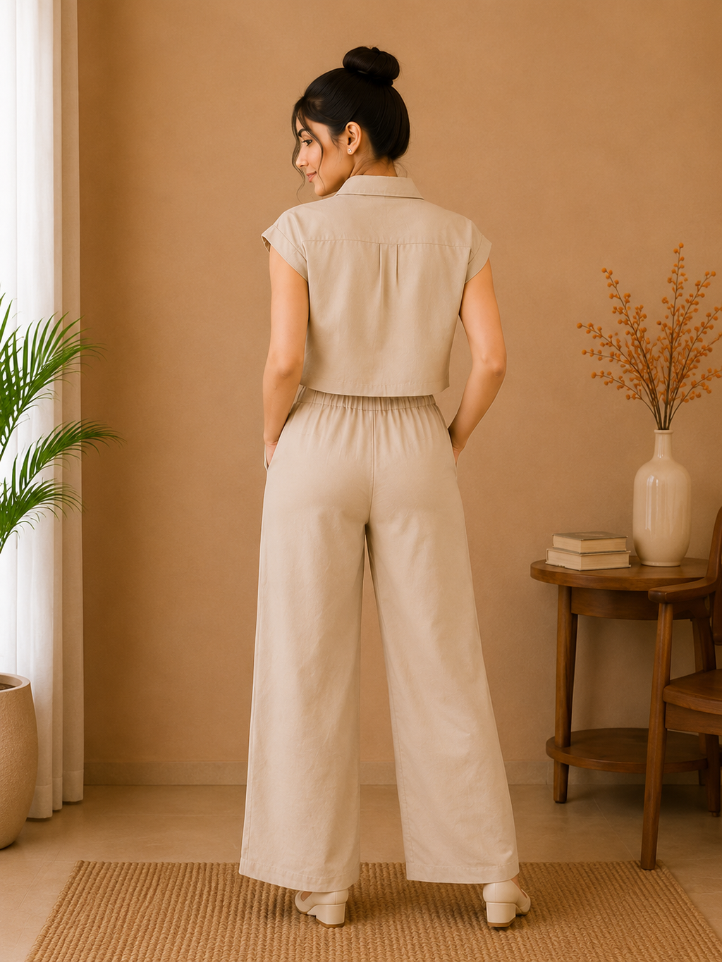 Classic Collar Cotton Co-Ord Set – Soft Sand