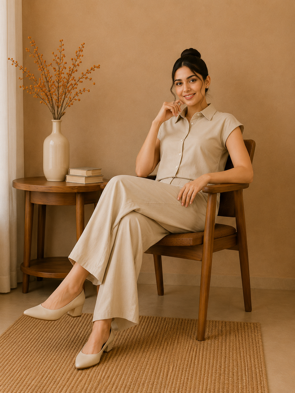 Classic Collar Cotton Co-Ord Set – Soft Sand