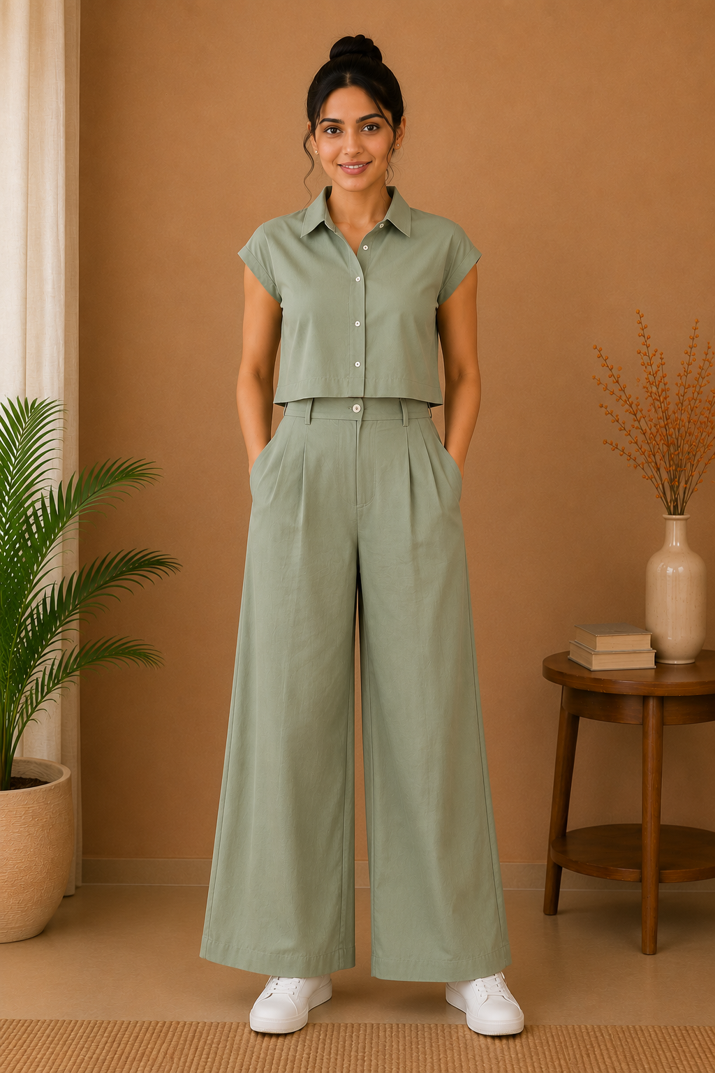 Classic Collar Premium 60s Cotton Co-Ord Set – Sage Green