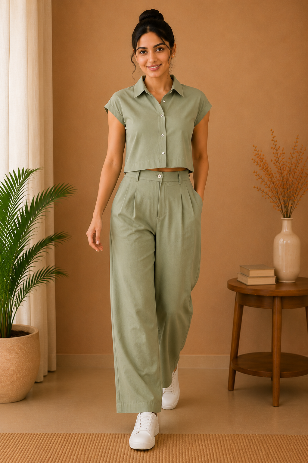 Classic Collar Premium 60s Cotton Co-Ord Set – Sage Green