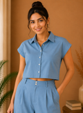 Classic Collar Premium Cotton Co-Ord Set – Dusty Blue