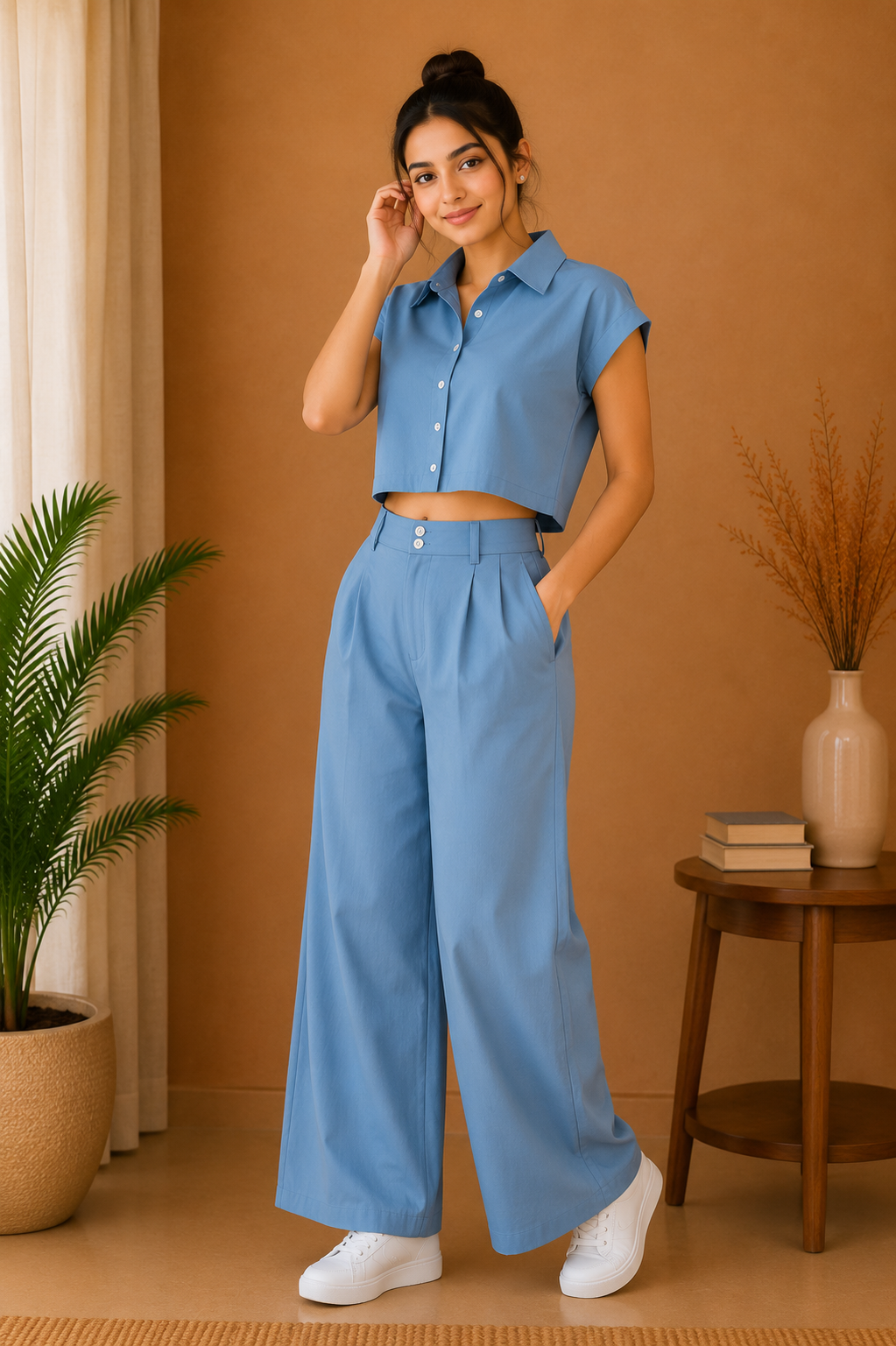 Classic Collar Premium Cotton Co-Ord Set – Dusty Blue
