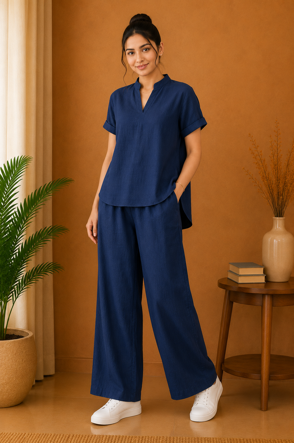 Mandarin Collar Premium 60s Cotton Co-Ord Set – Midnight Navy