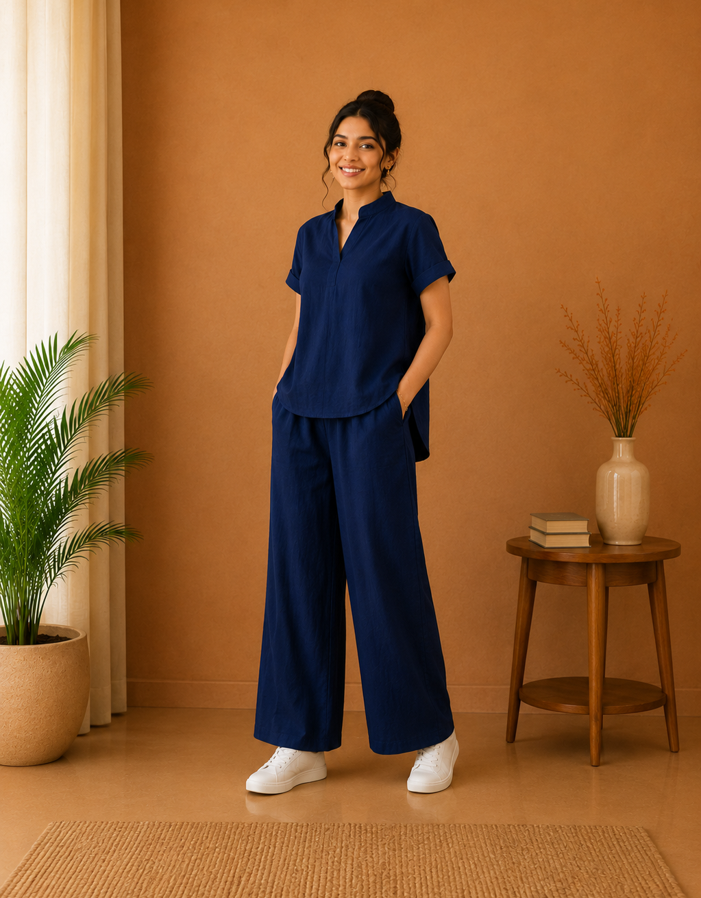 Mandarin Collar Premium 60s Cotton Co-Ord Set – Midnight Navy
