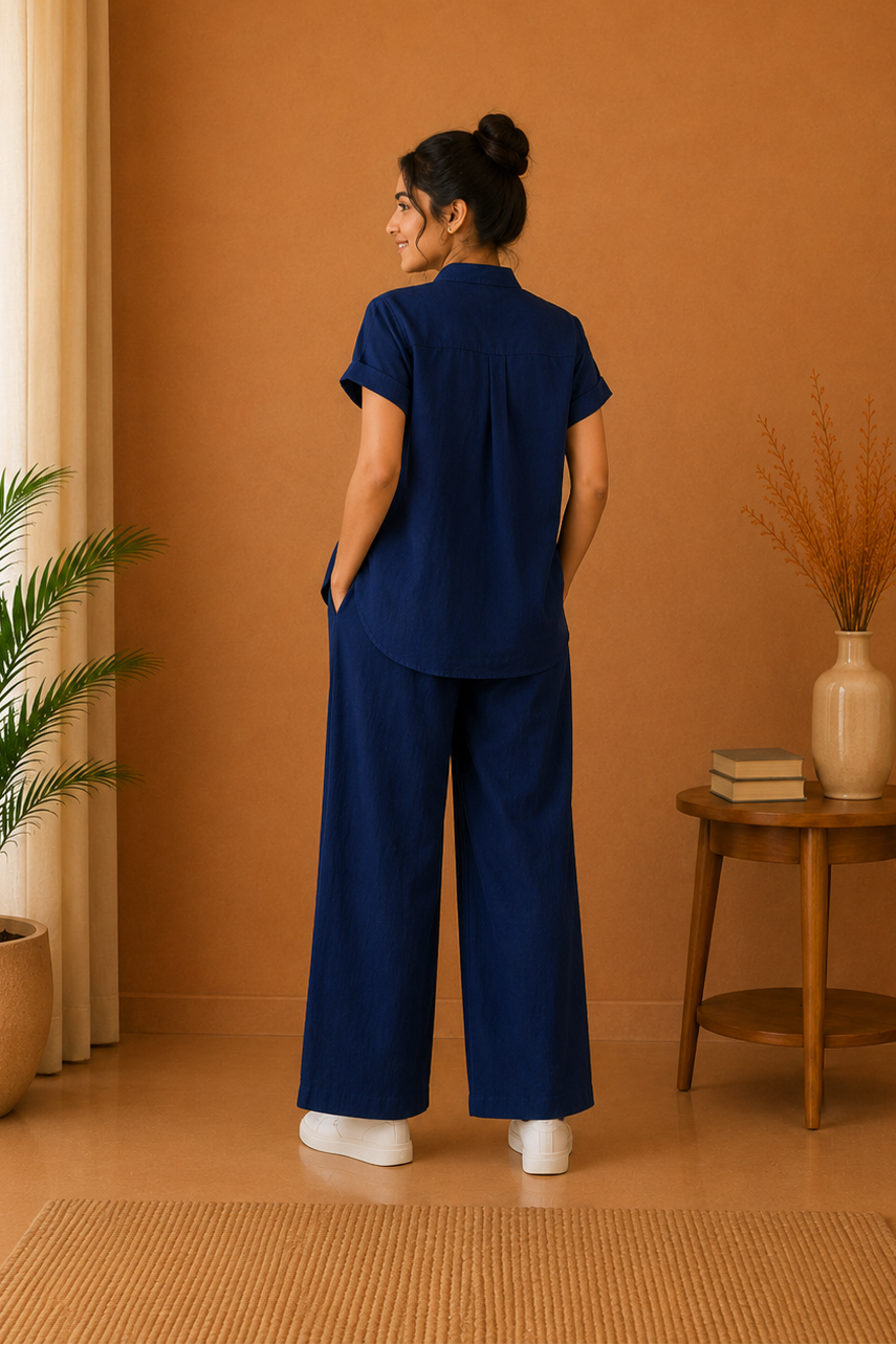 Mandarin Collar Premium 60s Cotton Co-Ord Set – Midnight Navy
