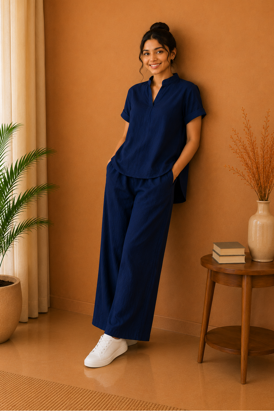 Mandarin Collar Premium 60s Cotton Co-Ord Set – Midnight Navy