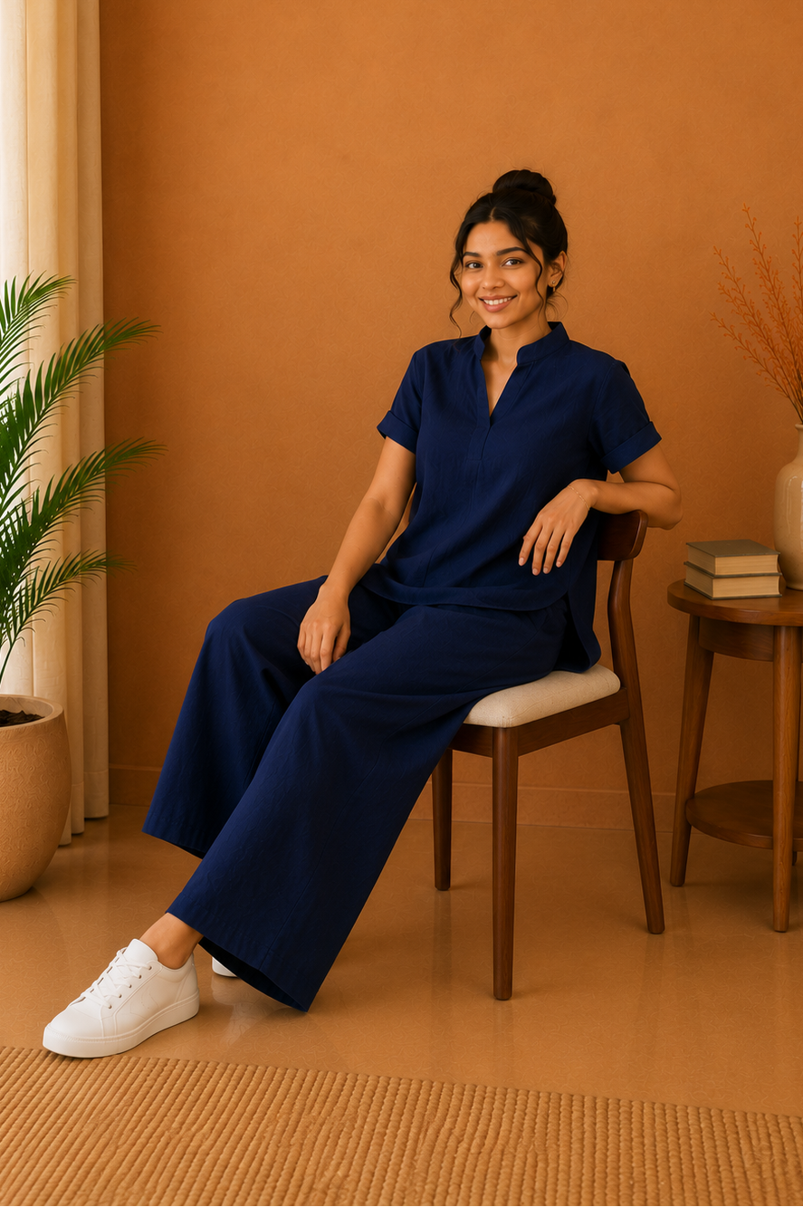 Mandarin Collar Premium 60s Cotton Co-Ord Set – Midnight Navy