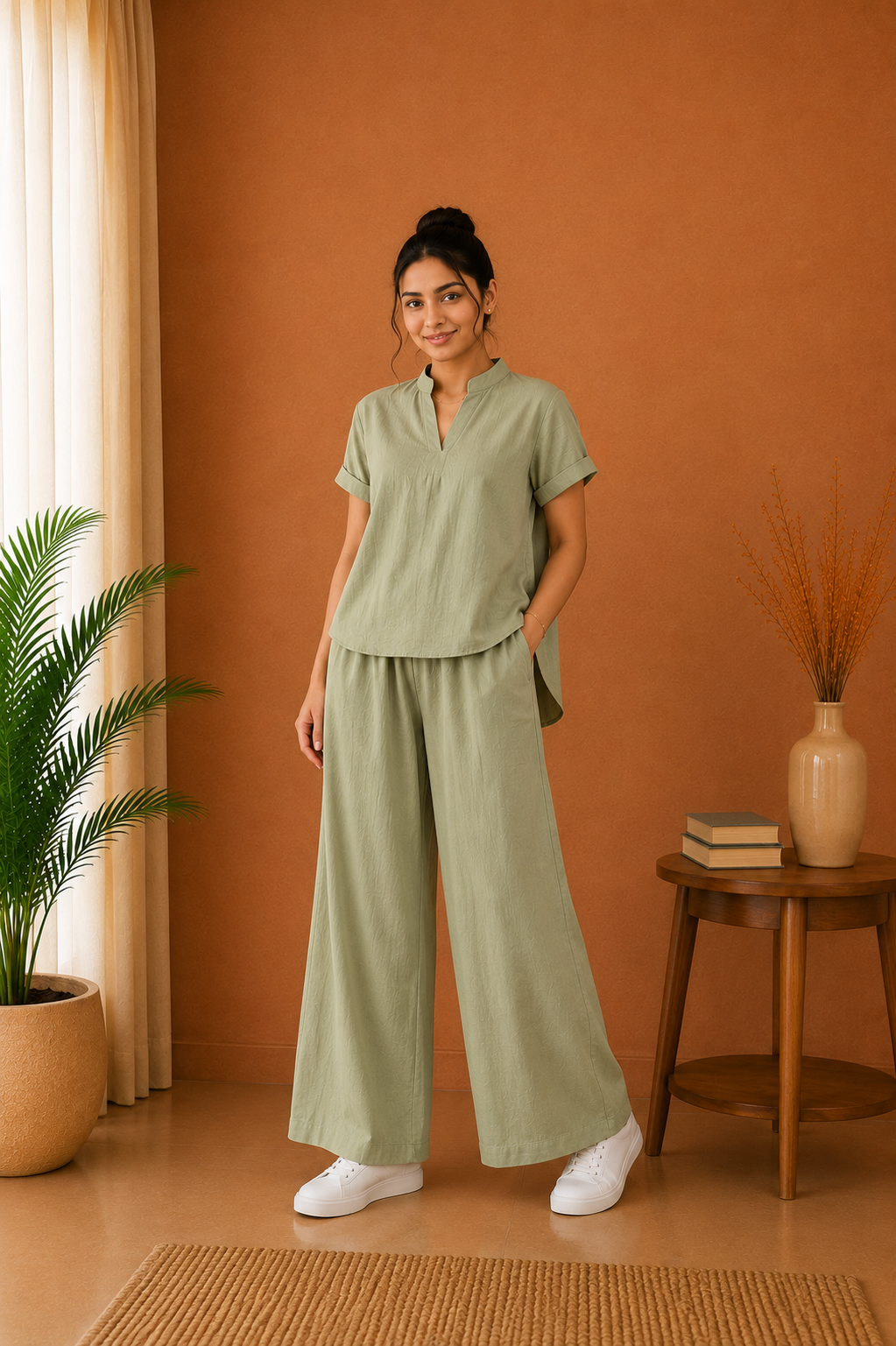 Mandarin Collar Premium 60s Cotton Co-Ord Set – Sage Green