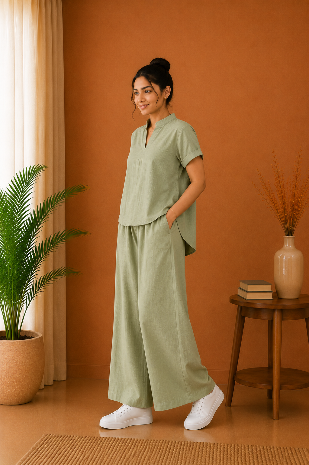 Mandarin Collar Premium 60s Cotton Co-Ord Set – Sage Green