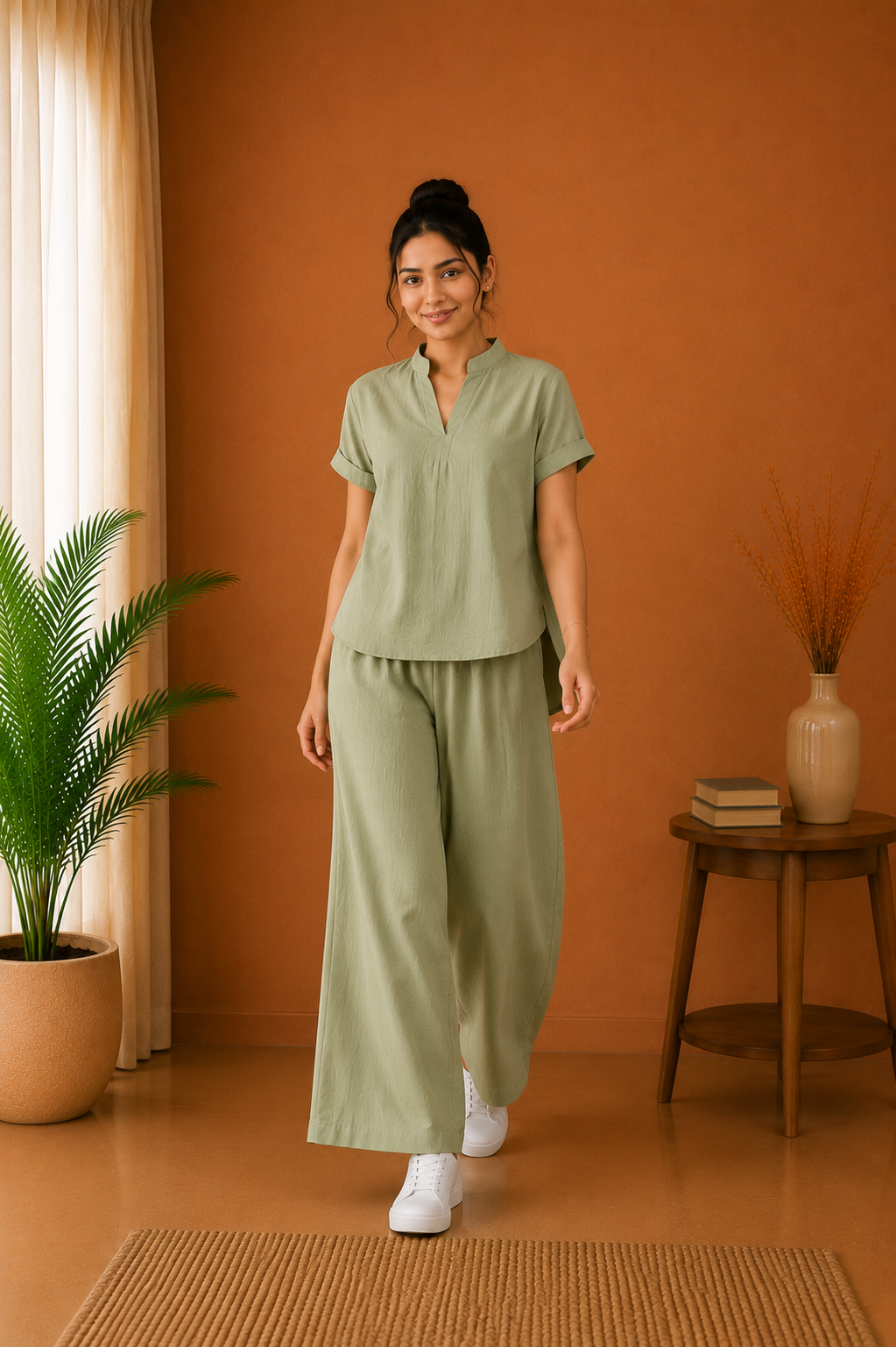 Mandarin Collar Premium 60s Cotton Co-Ord Set – Sage Green