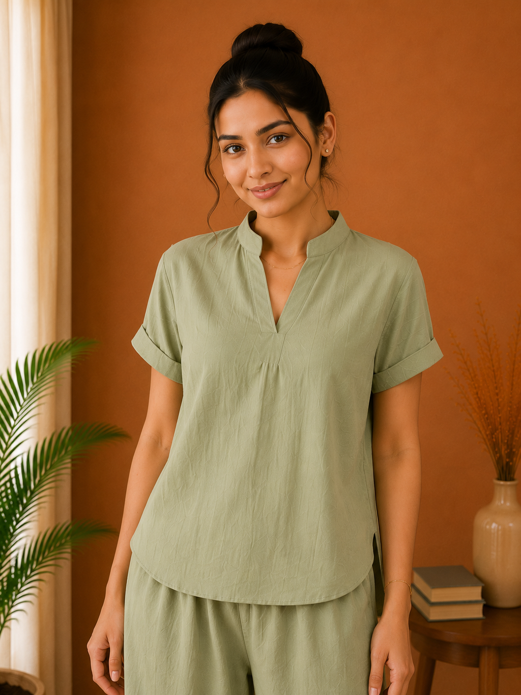 Mandarin Collar Premium 60s Cotton Co-Ord Set – Sage Green