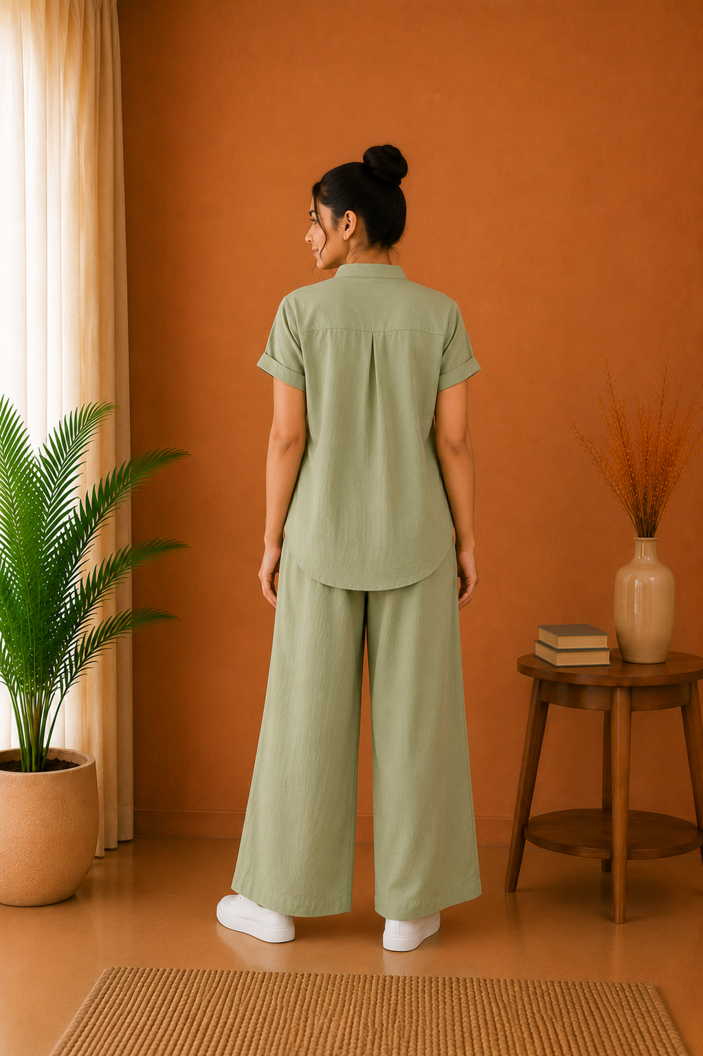 Mandarin Collar Premium 60s Cotton Co-Ord Set – Sage Green