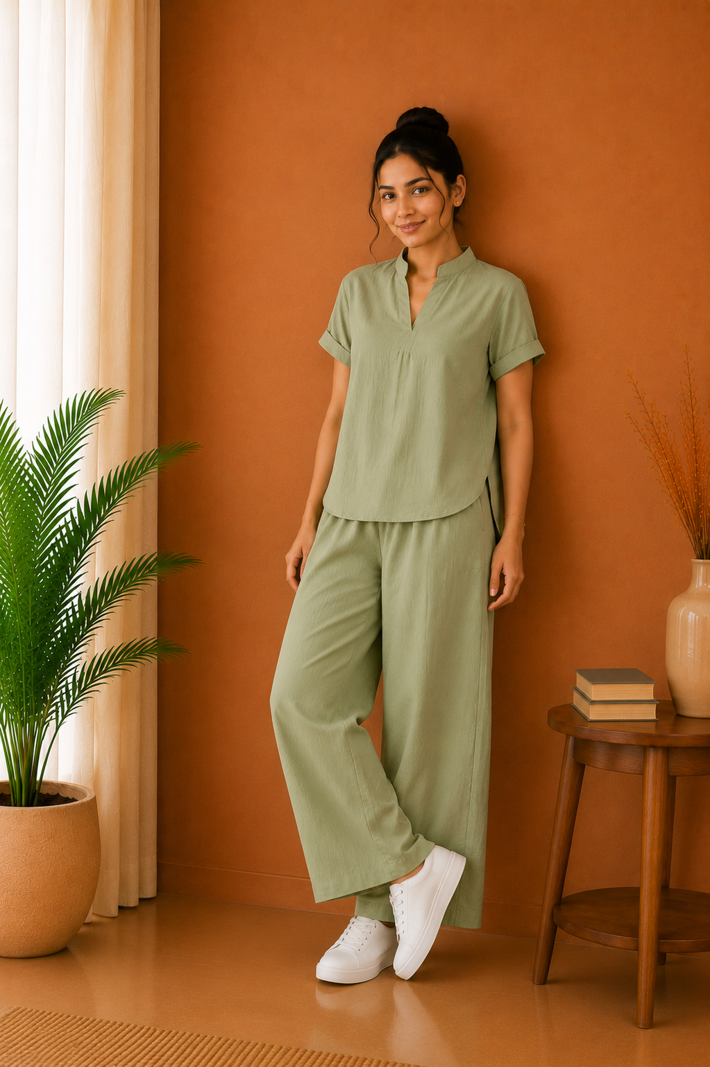 Mandarin Collar Premium 60s Cotton Co-Ord Set – Sage Green