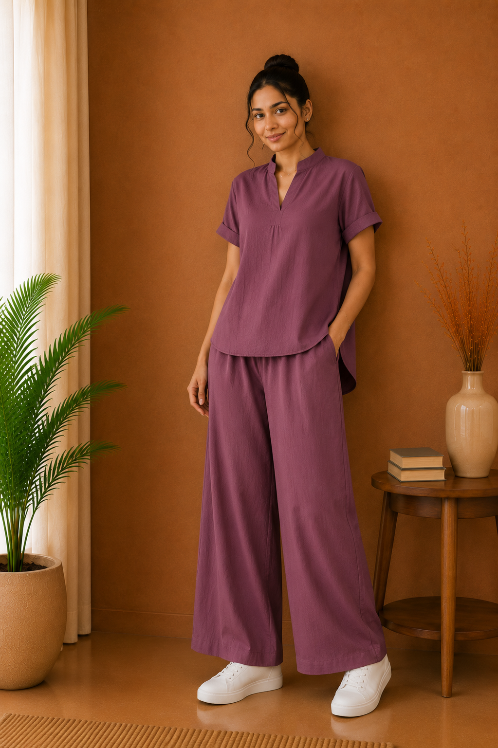 Mandarin Collar Premium 60s Cotton Co-Ord Set – Dusty Plum
