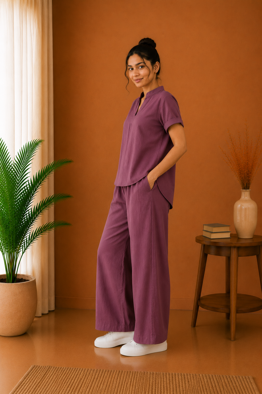 Mandarin Collar Premium 60s Cotton Co-Ord Set – Dusty Plum