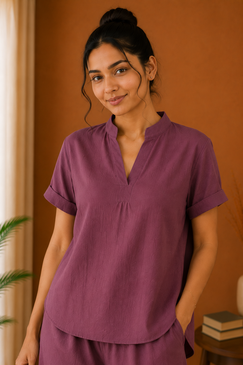 Mandarin Collar Premium 60s Cotton Co-Ord Set – Dusty Plum