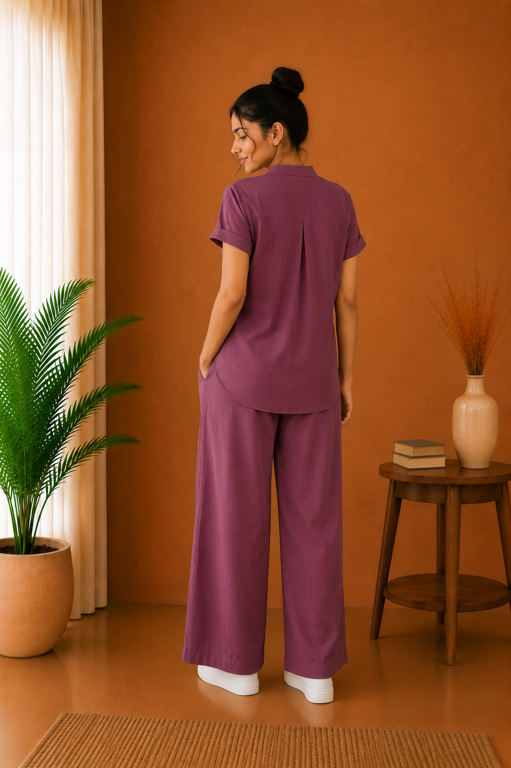 Mandarin Collar Premium 60s Cotton Co-Ord Set – Dusty Plum