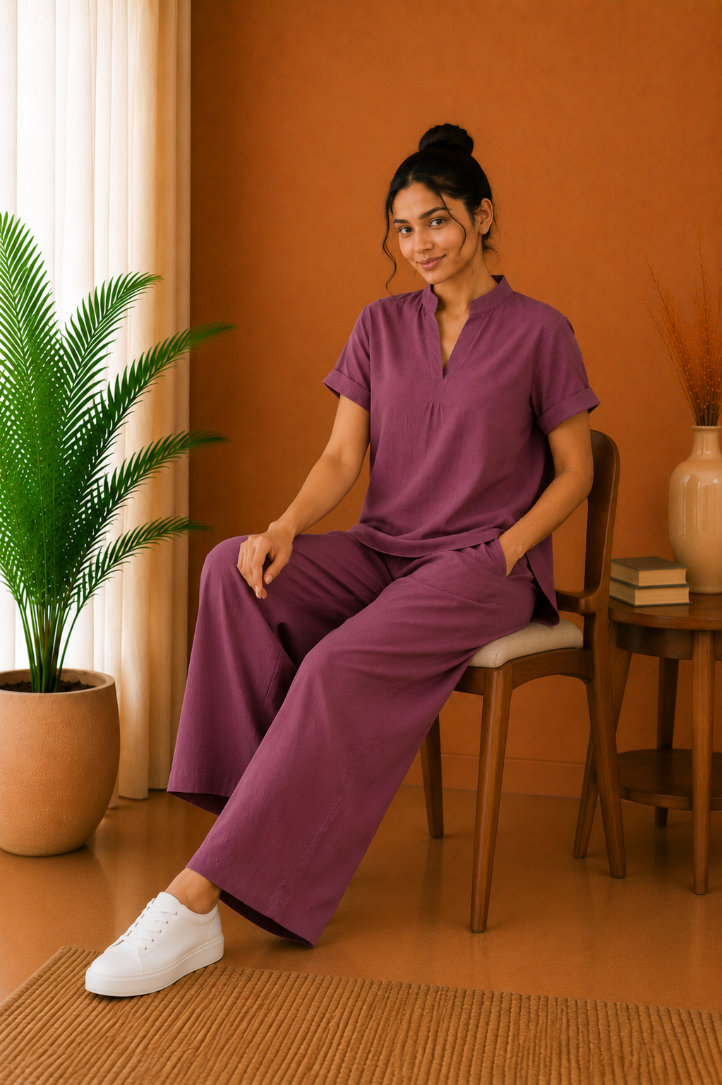 Mandarin Collar Premium 60s Cotton Co-Ord Set – Dusty Plum