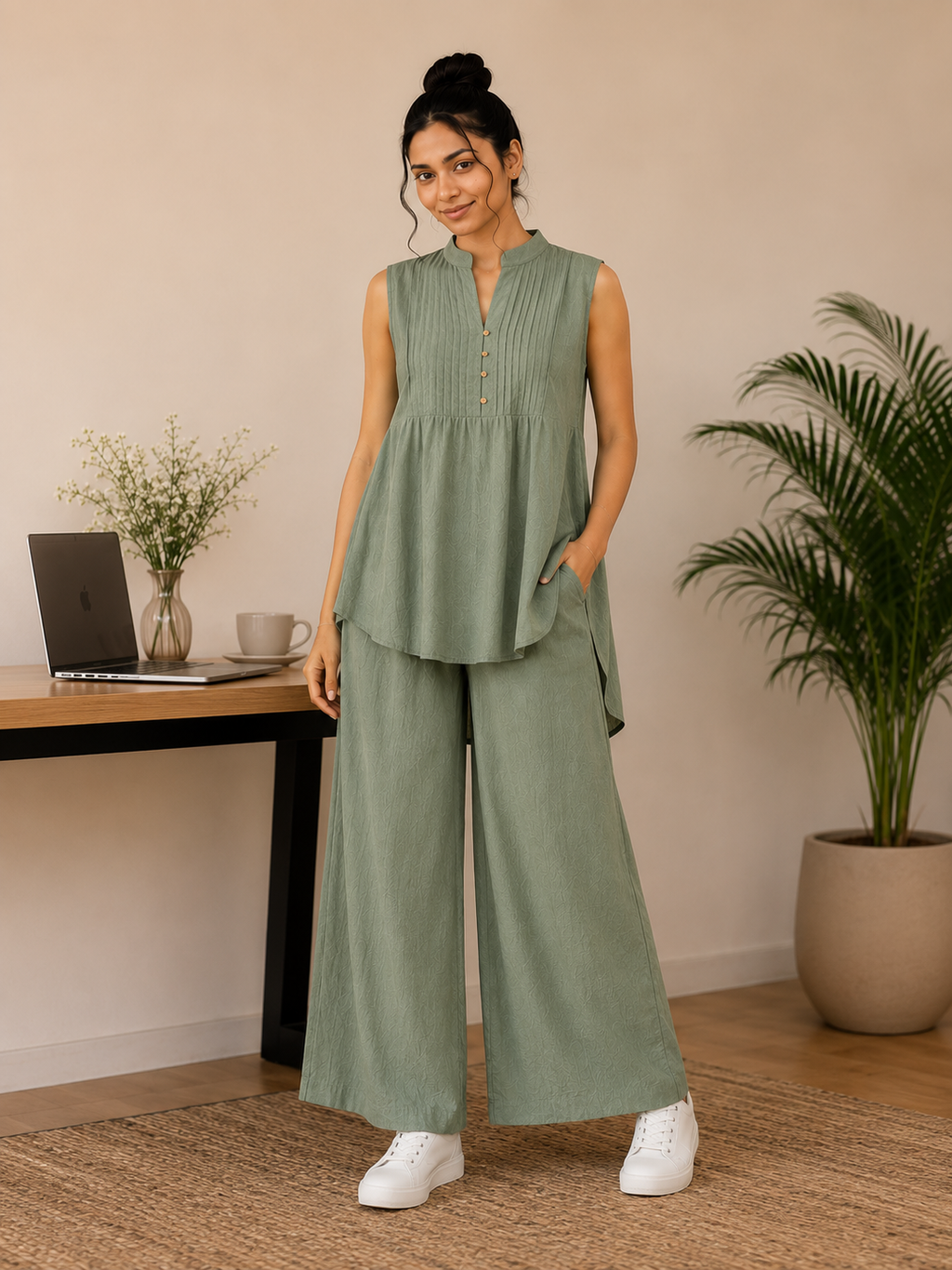 Pintuck Mandarin Collar Linen Blend Co-Ord Set – Sage Green