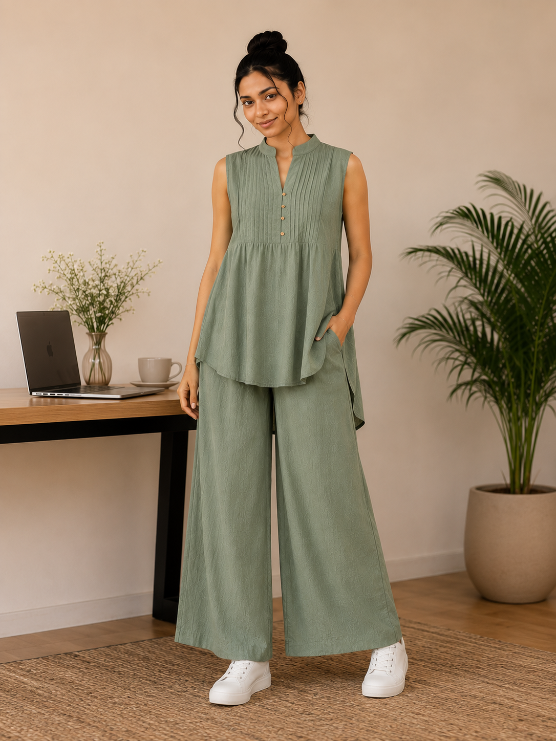 Pintuck Mandarin Collar Linen Blend Co-Ord Set – Sage Green