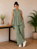 Pintuck Mandarin Collar Linen Blend Co-Ord Set – Sage Green