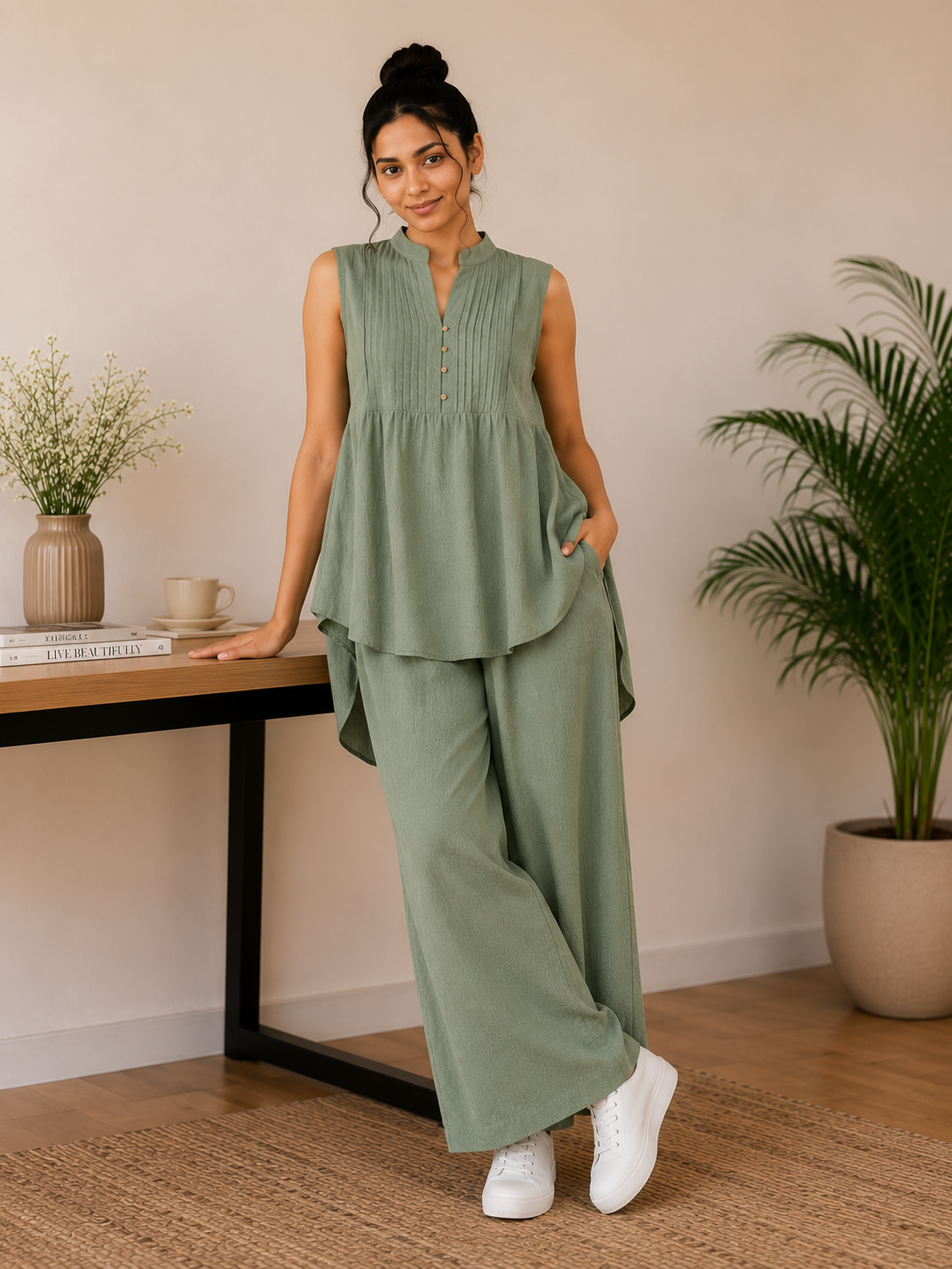 Pintuck Mandarin Collar Linen Blend Co-Ord Set – Sage Green