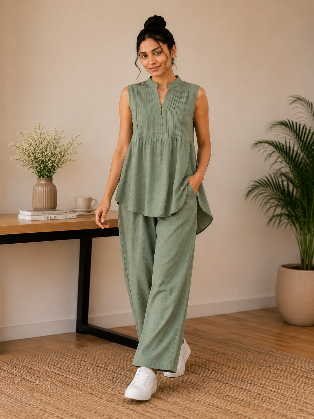 Pintuck Mandarin Collar Linen Blend Co-Ord Set – Sage Green